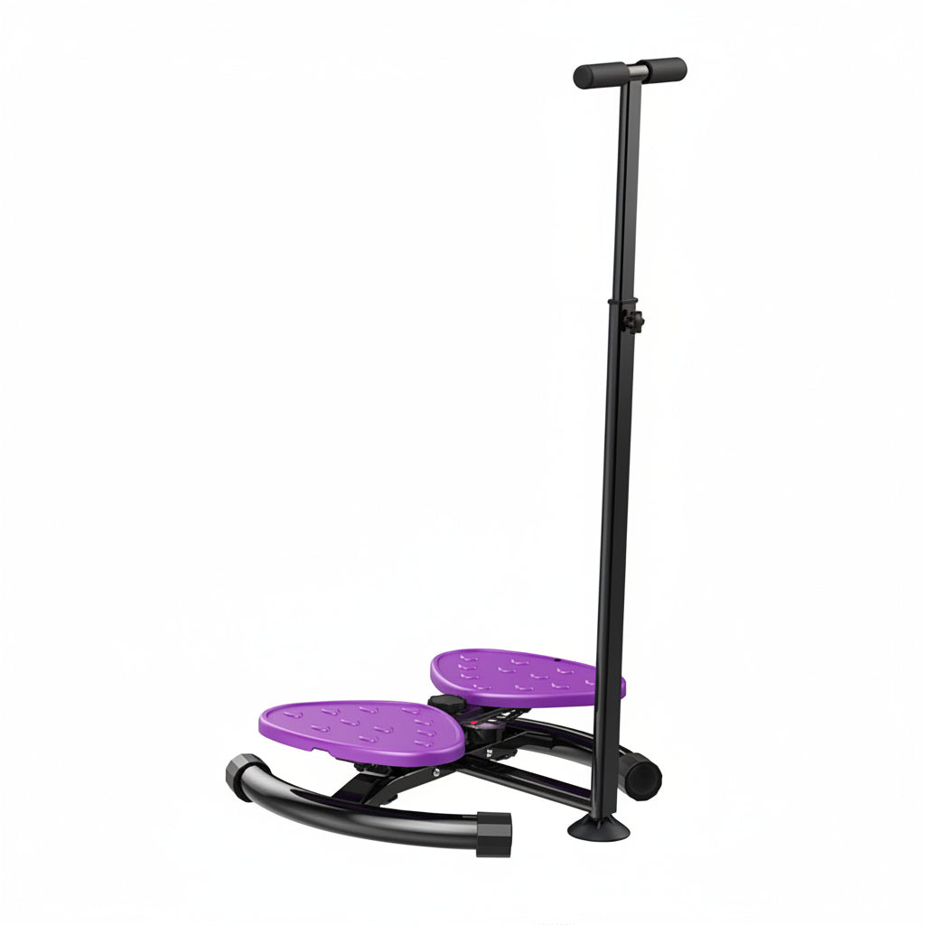 Purple and black exercise踏板 with dimensions on a white background