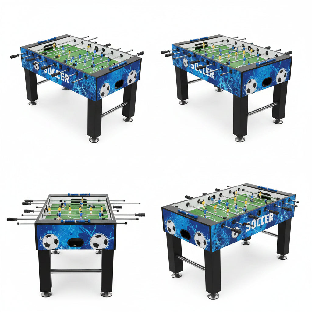 Four views of a foosball table with soccer-themed design