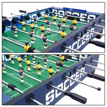 Tabletop foosball game with players in yellow and blue uniforms on a green field.