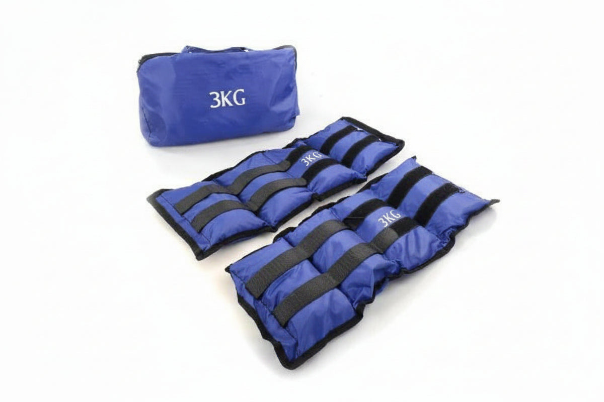 Blue weight pads with black straps and '3KG' 
