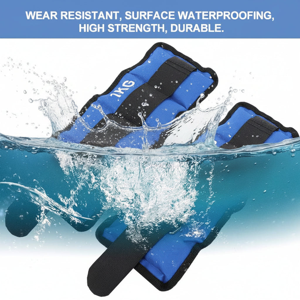 Blue and black swim wristbands floating in water with splashes, under a blue banner that reads 'WEAR RESISTANT, SURFACE WATERPROOFING, HIGH STRENGTH 