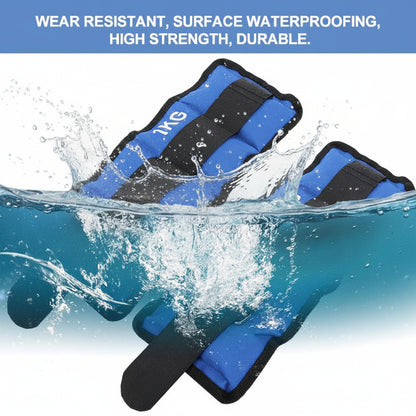 Blue and black swim wristbands floating in water with splashes, under a blue banner that reads 'WEAR RESISTANT, SURFACE WATERPROOFING, HIGH STRENGTH 