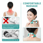 Product advertisement for a neck and shoulder massager with images of people using it and text highlighting its benefits.