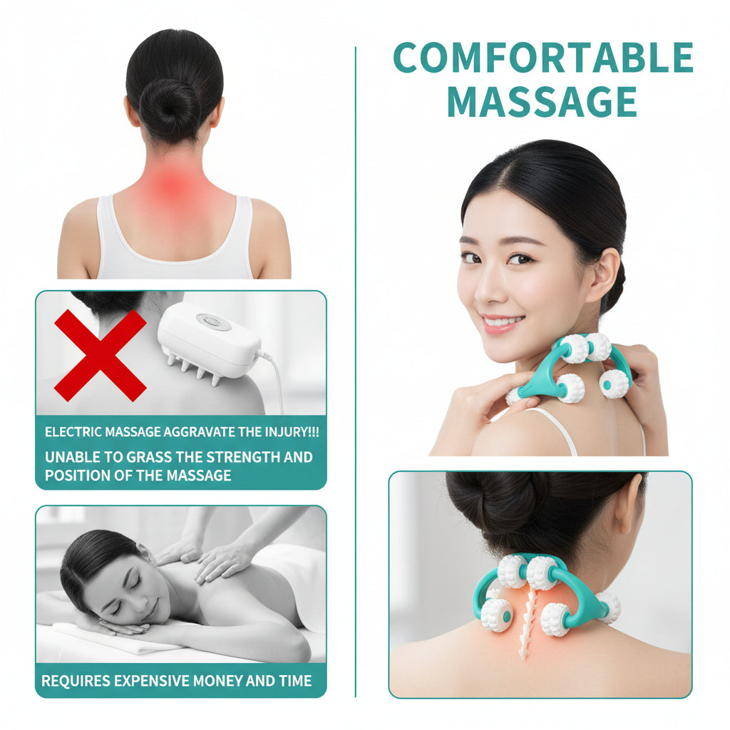 Product advertisement for a neck and shoulder massager with images of people using it and text highlighting its benefits.