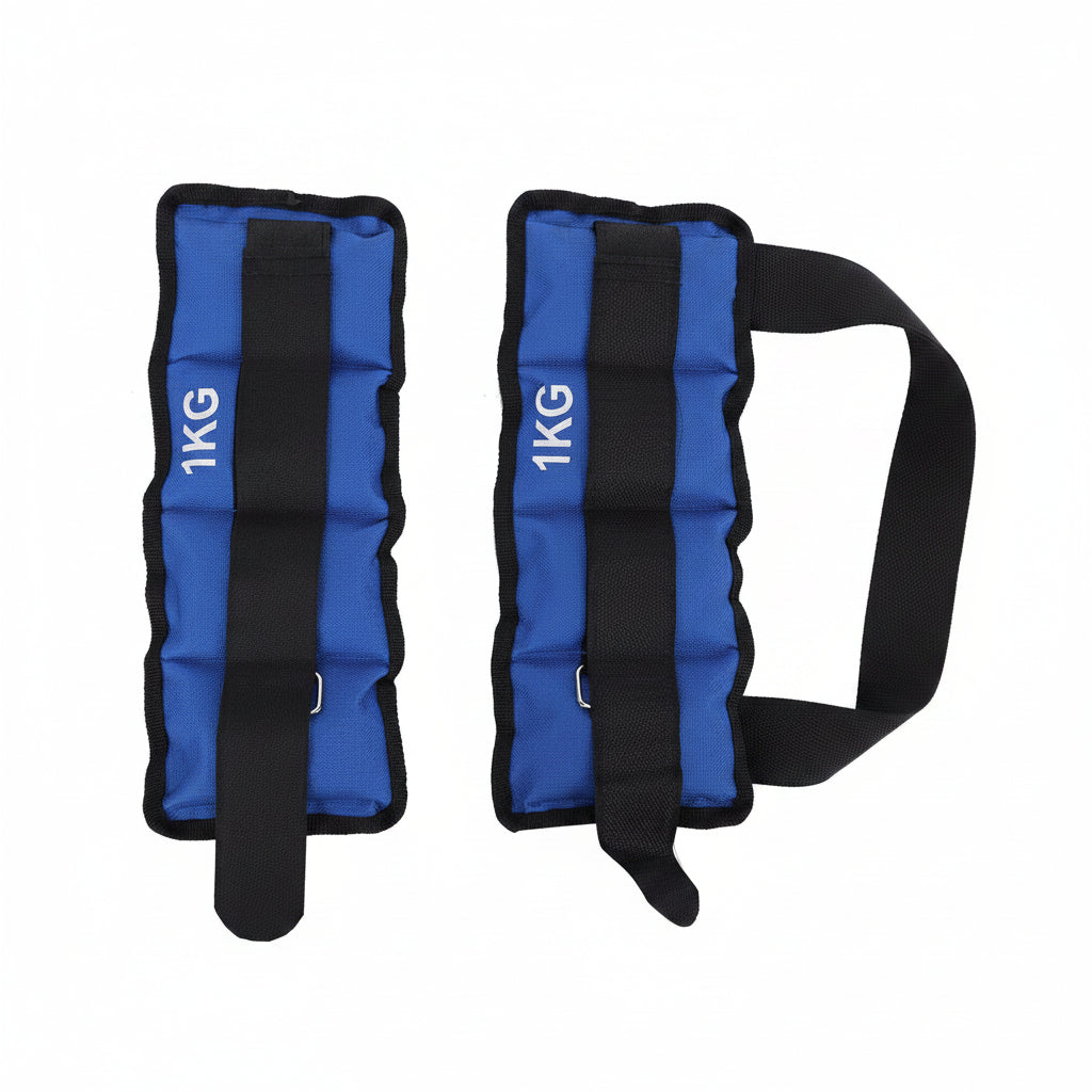 Pair of blue ankle weights with black straps and '1KG' 