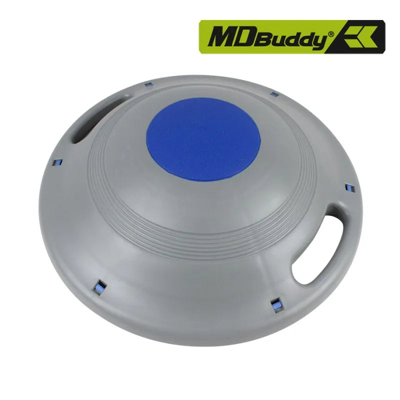 A gray circular balance board with a blue circular center pad and side handles, \brothersshop