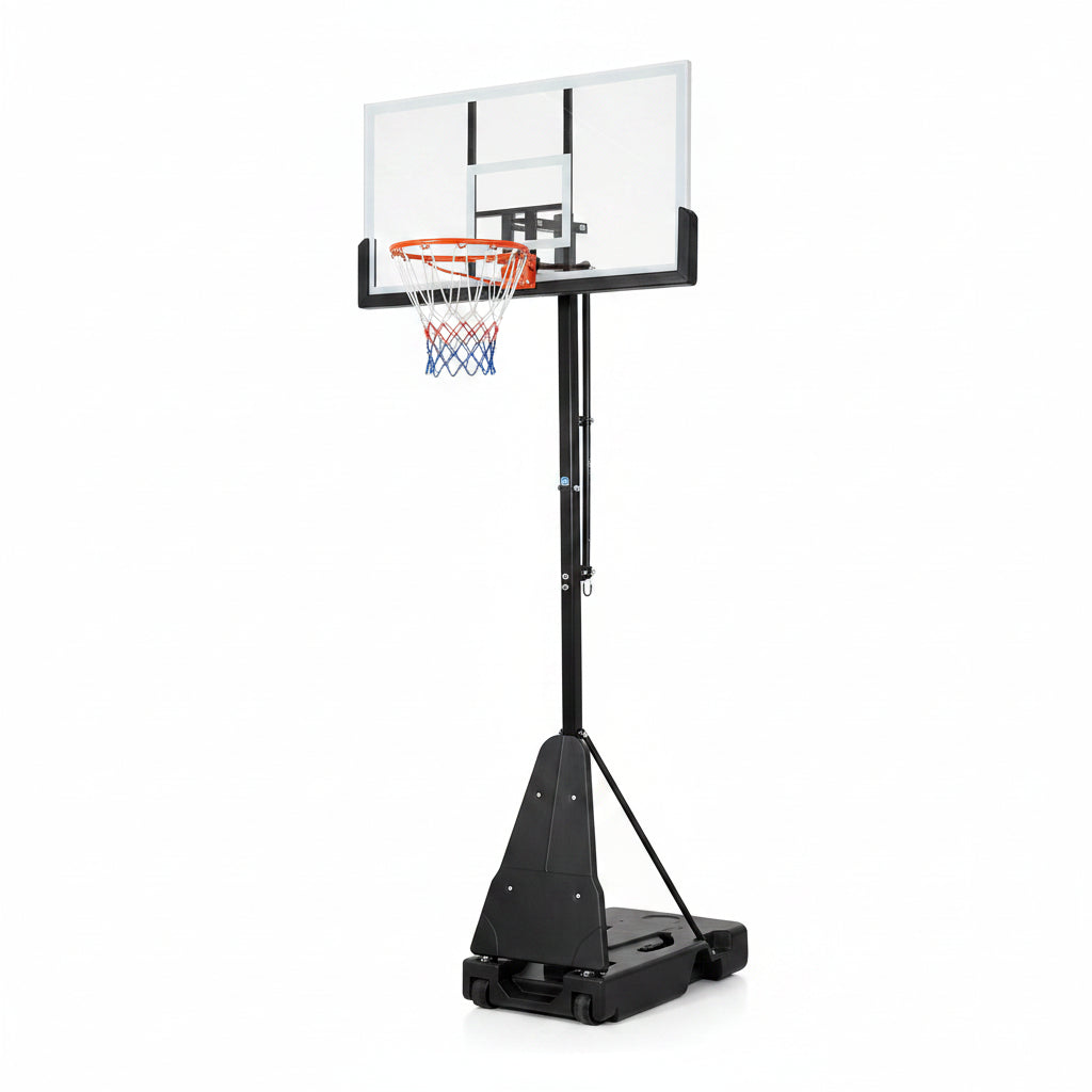  measurement callouts for the hoop and base, plus text reading 'Professional Basketball Hoop' and 'Designed both indoor & outdoor use.