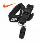 The plastic referee whistle is equipped with a neck lanyard, a hand mount and several finger fasteners.
