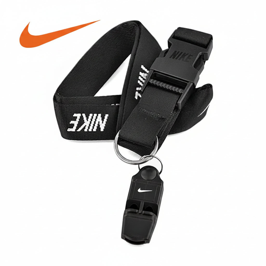 The plastic referee whistle is equipped with a neck lanyard, a hand mount and several finger fasteners.
