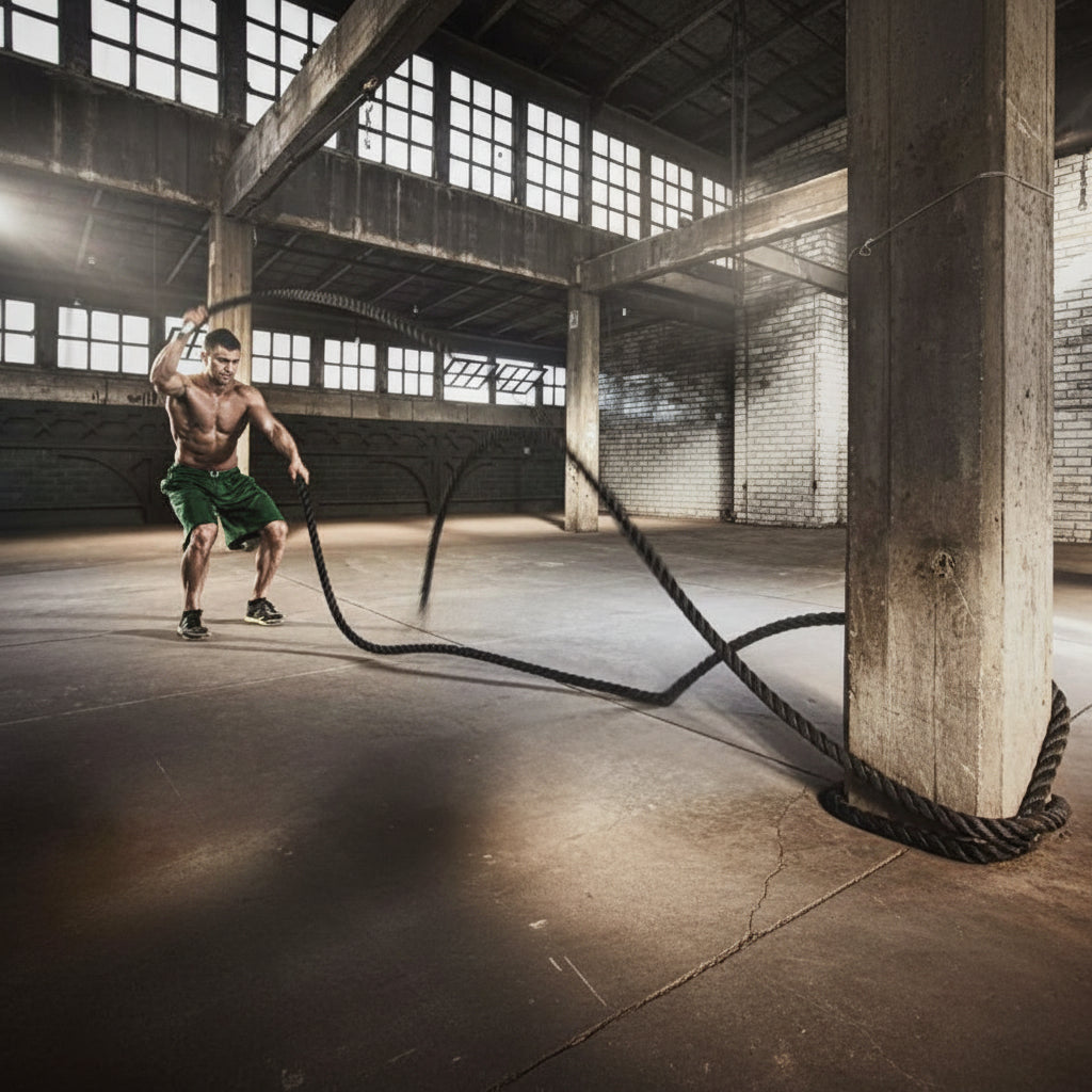 A shirtless man in green shorts exercises with battle ropes inside a large, rustic industrial gym with concrete pillars