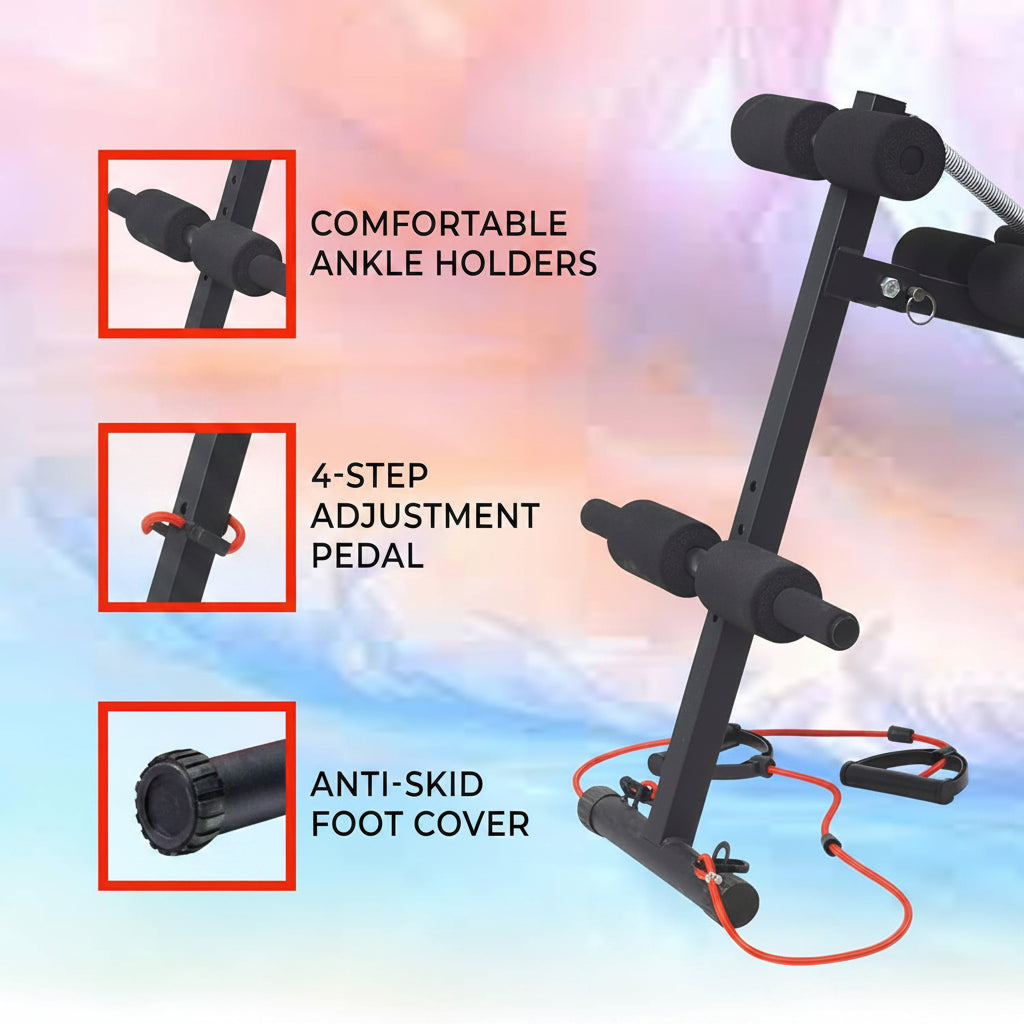 Adjustable weight bench with foam padding and red resistance bands, shown on a pastel gradient background with three feature callouts: comfortable ankle holders, 4-step adjustment pedal, and anti-skid foot cover.