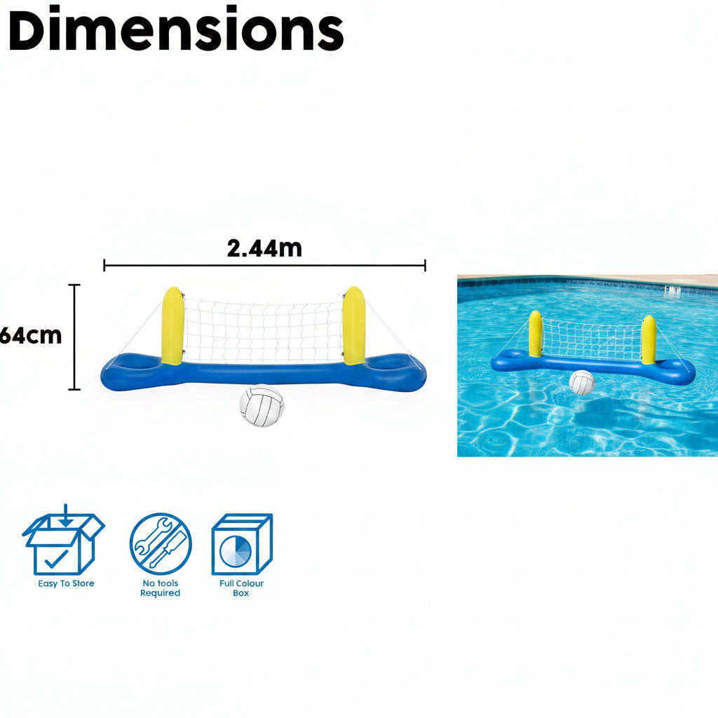 Dimensions of a pool volleyball set with net and ball, showing measurements and features.