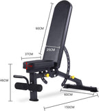 Black adjustable weight bench with dimension labels showing seat height 46CM, backrest height 90CM, backrest width 25CM, footplate width 60CM, bench width 150CM, 