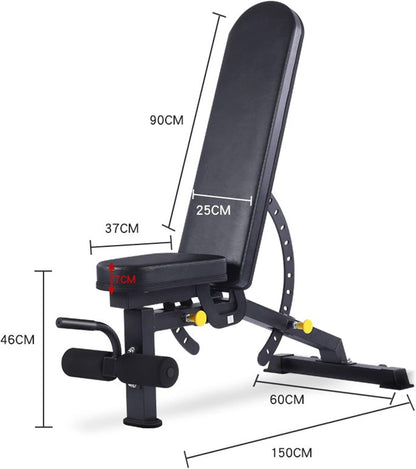 Black adjustable weight bench with dimension labels showing seat height 46CM, backrest height 90CM, backrest width 25CM, footplate width 60CM, bench width 150CM, 