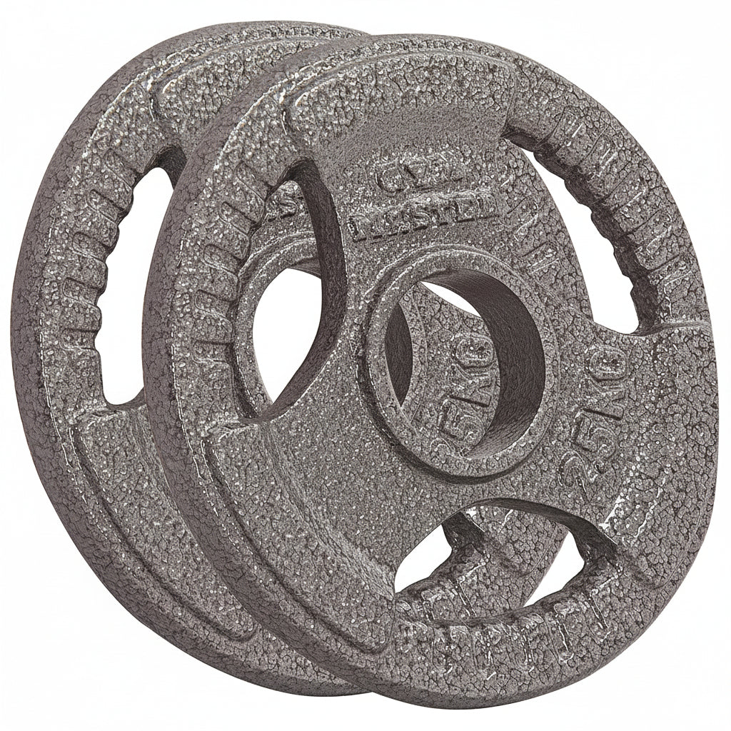 Three cast iron weight plates stacked together on a plain white background, with embossed text showing 25 lbs and 11 inches diameter.