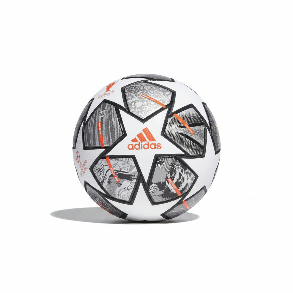 An Adidas Champions League Final 2024 soccer ball featuring a white base with black and gray 