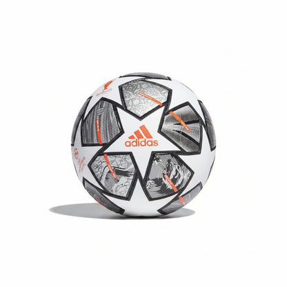 An Adidas Champions League Final 2024 soccer ball featuring a white base with black and gray 