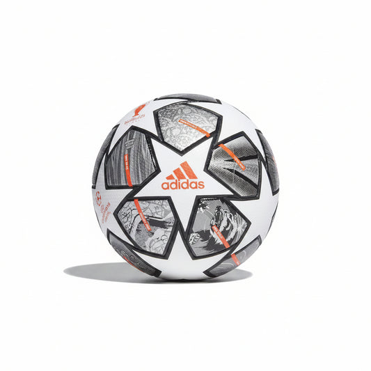 An Adidas Champions League Final 2024 soccer ball featuring a white base with black and gray 