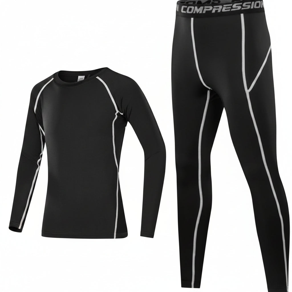 A two-piece athletic compression set consisting of a black long-sleeve shirt and matching black full-length leggings, both with white contrast stitching and a black waistband featuring the white text 'COMPRESSION'.