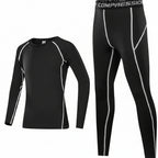 A two-piece athletic compression set consisting of a black long-sleeve shirt and matching black full-length leggings, both with white contrast stitching and a black waistband featuring the white text 'COMPRESSION'.