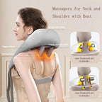 A woman wearing a gray neck and shoulder massager with heat, shown from the back with labeled muscle targets and inset close-ups of the massager heads.