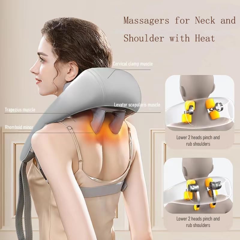 A woman wearing a gray neck and shoulder massager with heat, shown from the back with labeled muscle targets and inset close-ups of the massager heads.