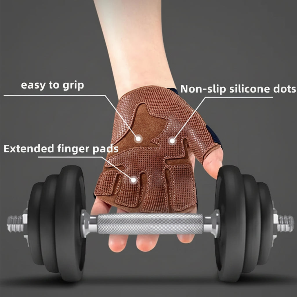 A close-up of a hand wearing a brown textured grip-enhancing wrist/forearm sleeve while holding a barbell. White callout lines and text label features such as 'easy to grip,' 'Non-slip silicone dots,' and 'Extended finger pads.