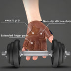 A close-up of a hand wearing a brown textured grip-enhancing wrist/forearm sleeve while holding a barbell. White callout lines and text label features such as 'easy to grip,' 'Non-slip silicone dots,' and 'Extended finger pads.