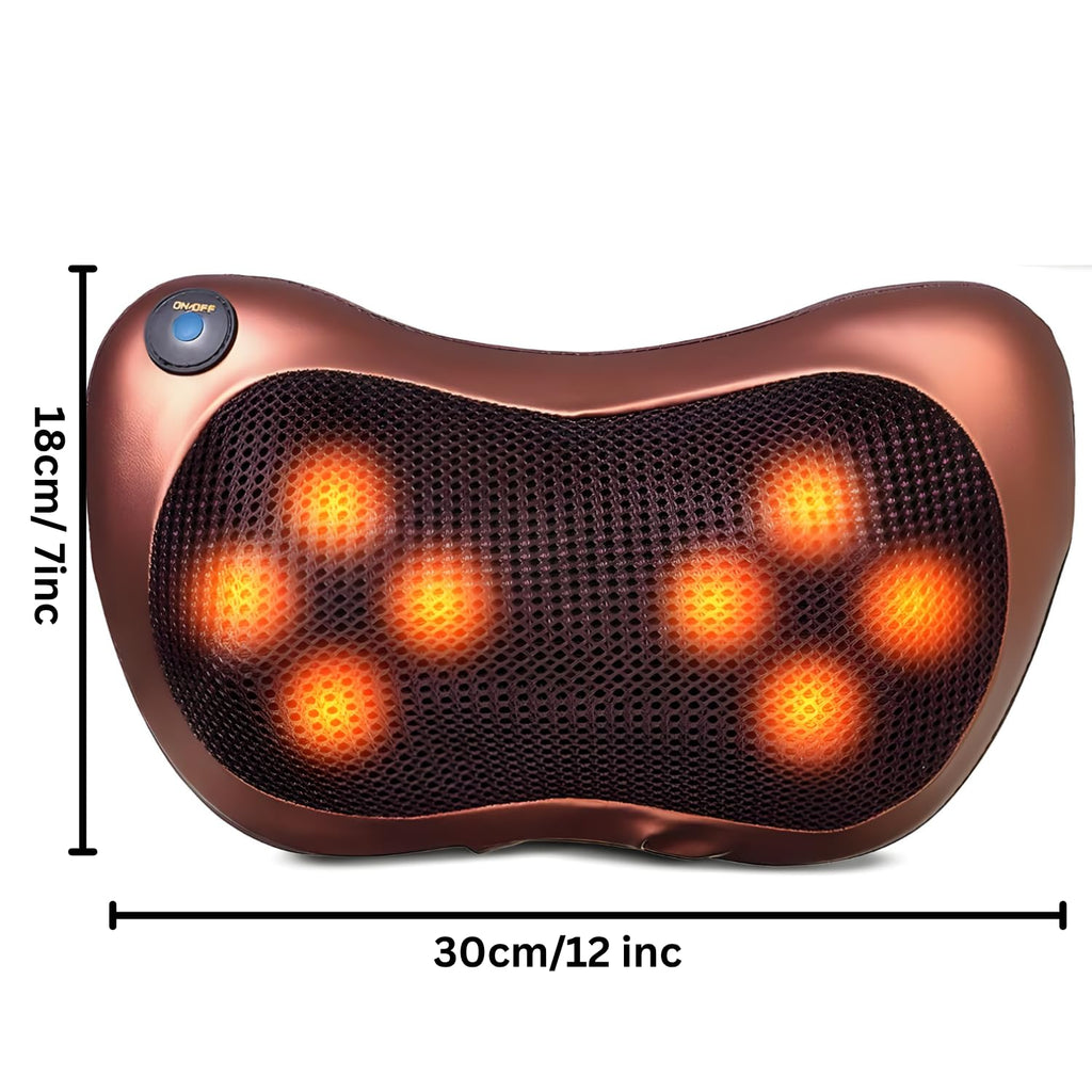 A copper-colored neck and shoulder massage pillow with glowing orange LED lights, shown with black dimension lines indicating 18cm height and 30cm 