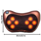 A copper-colored neck and shoulder massage pillow with glowing orange LED lights, shown with black dimension lines indicating 18cm height and 30cm 