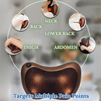 A brown mesh neck and back massage pillow shown with circular inset images highlighting massage areas including neck