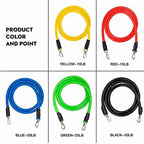 coiled resistance bands in yellow, red, blue, green, and black, arranged in a grid with text labels indicating color and weight. 