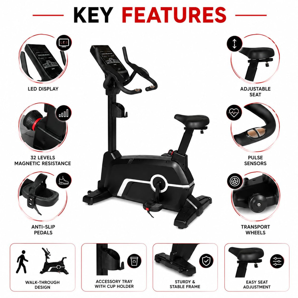 An indoor exercise bike centered on a white background with surrounding feature callouts and icons reading LED display, adjustable seat, 32 levels magnetic resistance, pulse sensors, anti-slip pedals, transport wheels, walk-through design, accessory tray with cup holder, sturdy and stable frame, and easy seat adjustment.