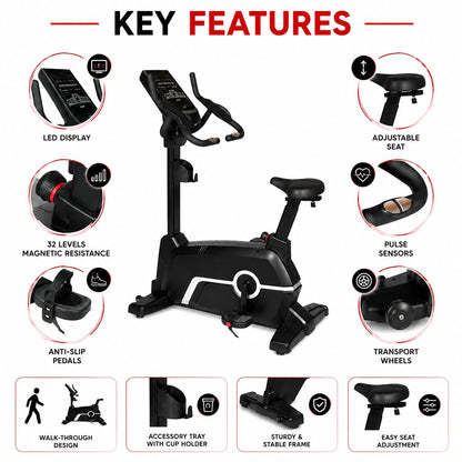 An indoor exercise bike centered on a white background with surrounding feature callouts and icons reading LED display, adjustable seat, 32 levels magnetic resistance, pulse sensors, anti-slip pedals, transport wheels, walk-through design, accessory tray with cup holder, sturdy and stable frame, and easy seat adjustment.
