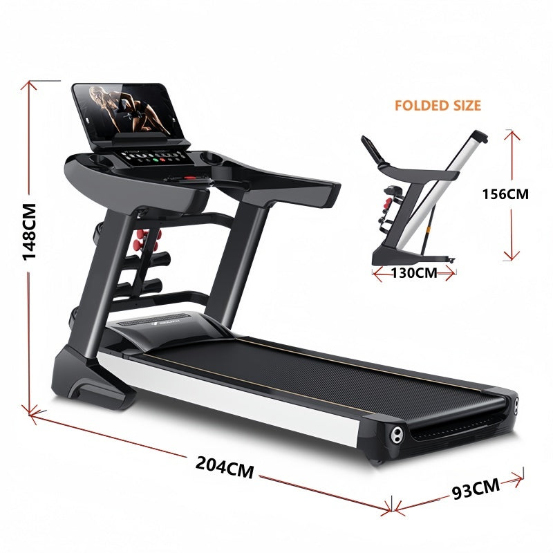 Treadmill with dimensions indicated on a white background