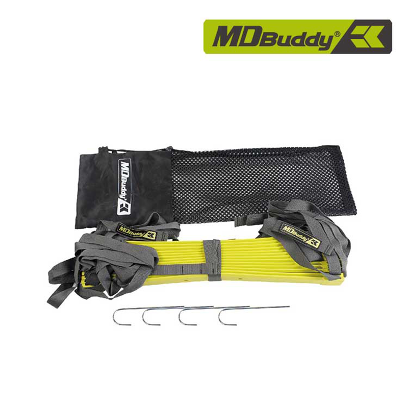Yellow and gray MD Buddy fishing equipment with a black mesh bag on a white background.