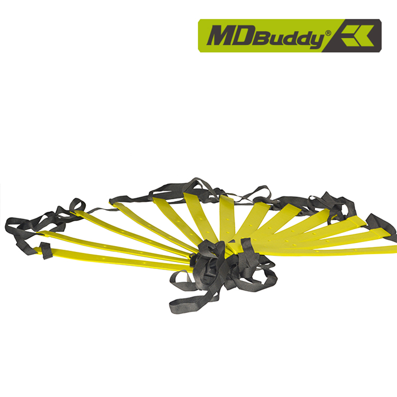 Yellow resistance band with black straps on a white background, featuring the MD Buddy logo.