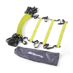 Yellow resistance bands with black straps and a gray carrying bag on a white background