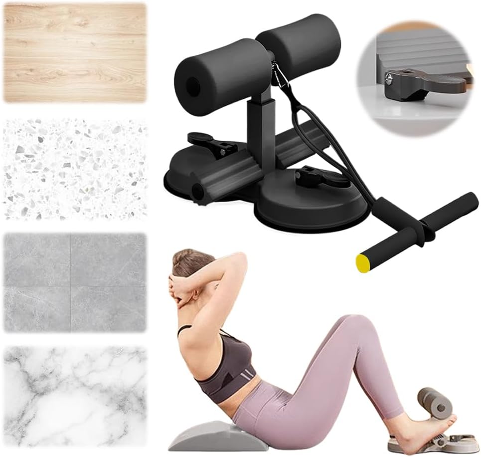 Black abdominal exercise device with suction cup base and T-bar handle, shown on a white background with inset images of flooring options and a woman performing a sit-up with the device.