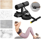 Black abdominal exercise device with suction cup base and T-bar handle, shown on a white background with inset images of flooring options and a woman performing a sit-up with the device.