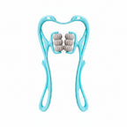Turquoise facial roller with gray roller discs on a white background