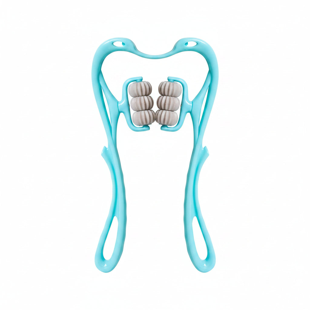 Turquoise facial roller with gray roller discs on a white background