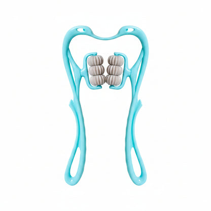 Turquoise facial roller with gray roller discs on a white background