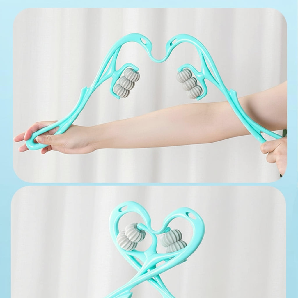Turquoise arm exercise device with text on a light blue background