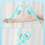 Turquoise arm exercise device with text on a light blue background