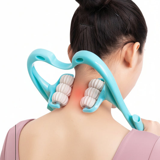 Person using a neck and shoulder massager with a white background