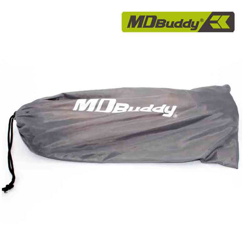 Gray drawstring bag with 'MD Buddy' branding on a white background