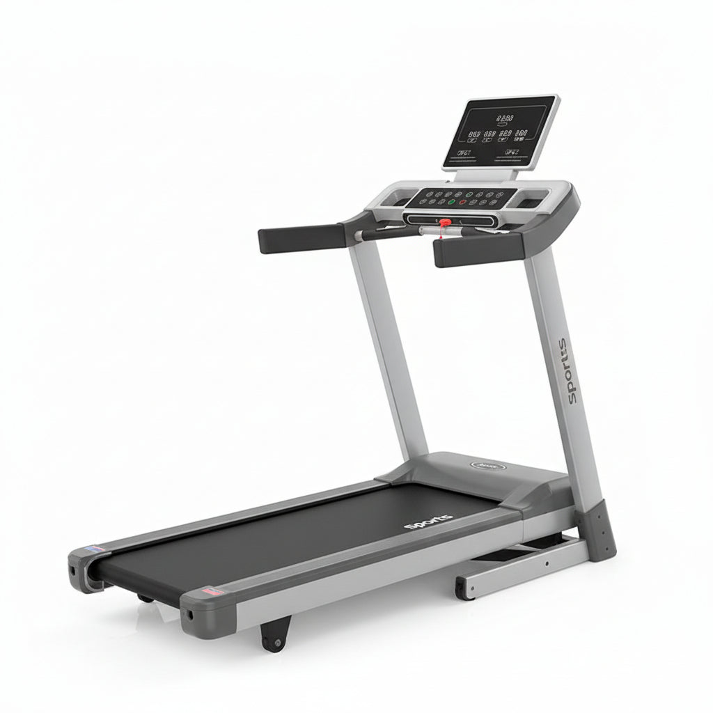 A compact folding treadmill shown in its folded position on a clean white background. The treadmill features a black running belt, gray and silver metal frame, a central control panel with buttons, and a smaller digital display screen on the front.