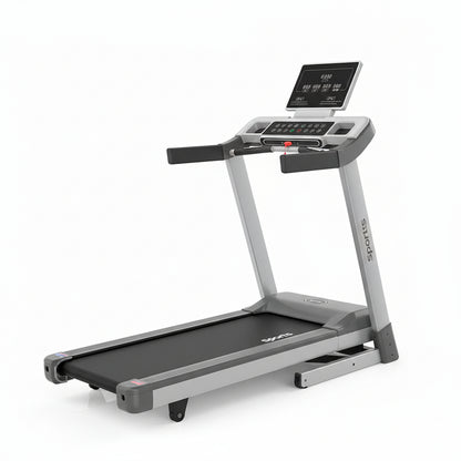 A compact folding treadmill shown in its folded position on a clean white background. The treadmill features a black running belt, gray and silver metal frame, a central control panel with buttons, and a smaller digital display screen on the front.