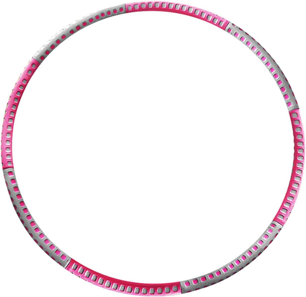 A circular metal hula hoop with a silver outer rim and a vibrant pink inner ring, featuring a row of small pink